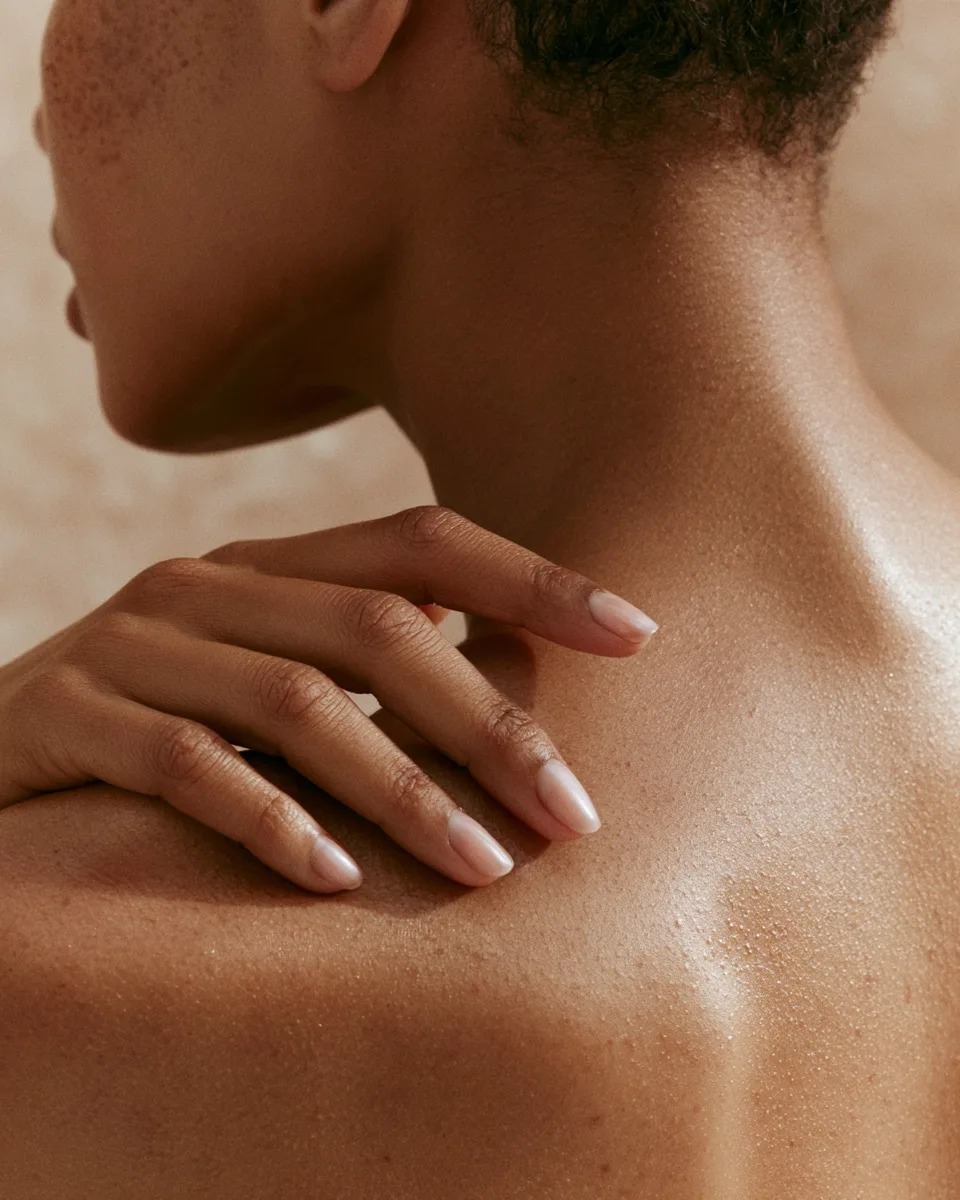 Woman with hand resting on her neck in soft warm light