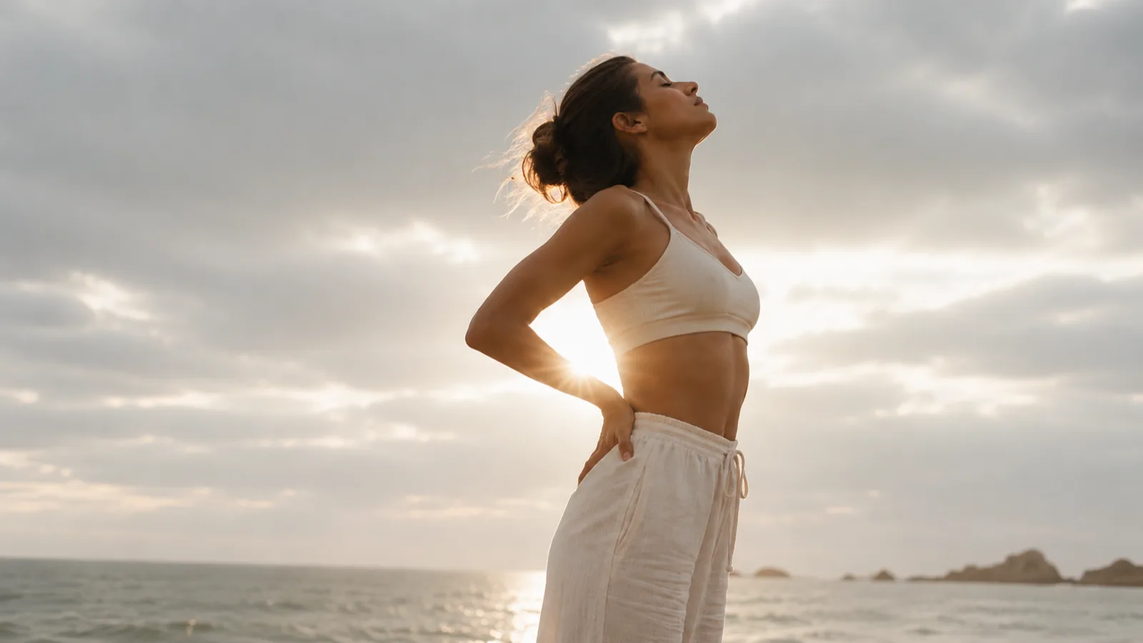 Woman breathing in the sunset light by the sea
